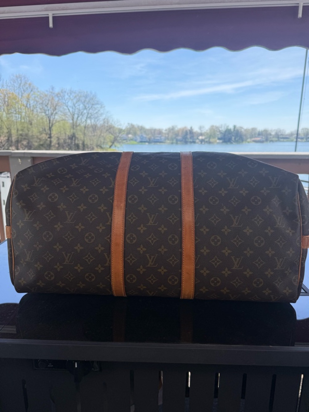 Louis Vuitton Monogram Canvas Travel Duffel with Tan Leather Trim - Picture 8 of 9